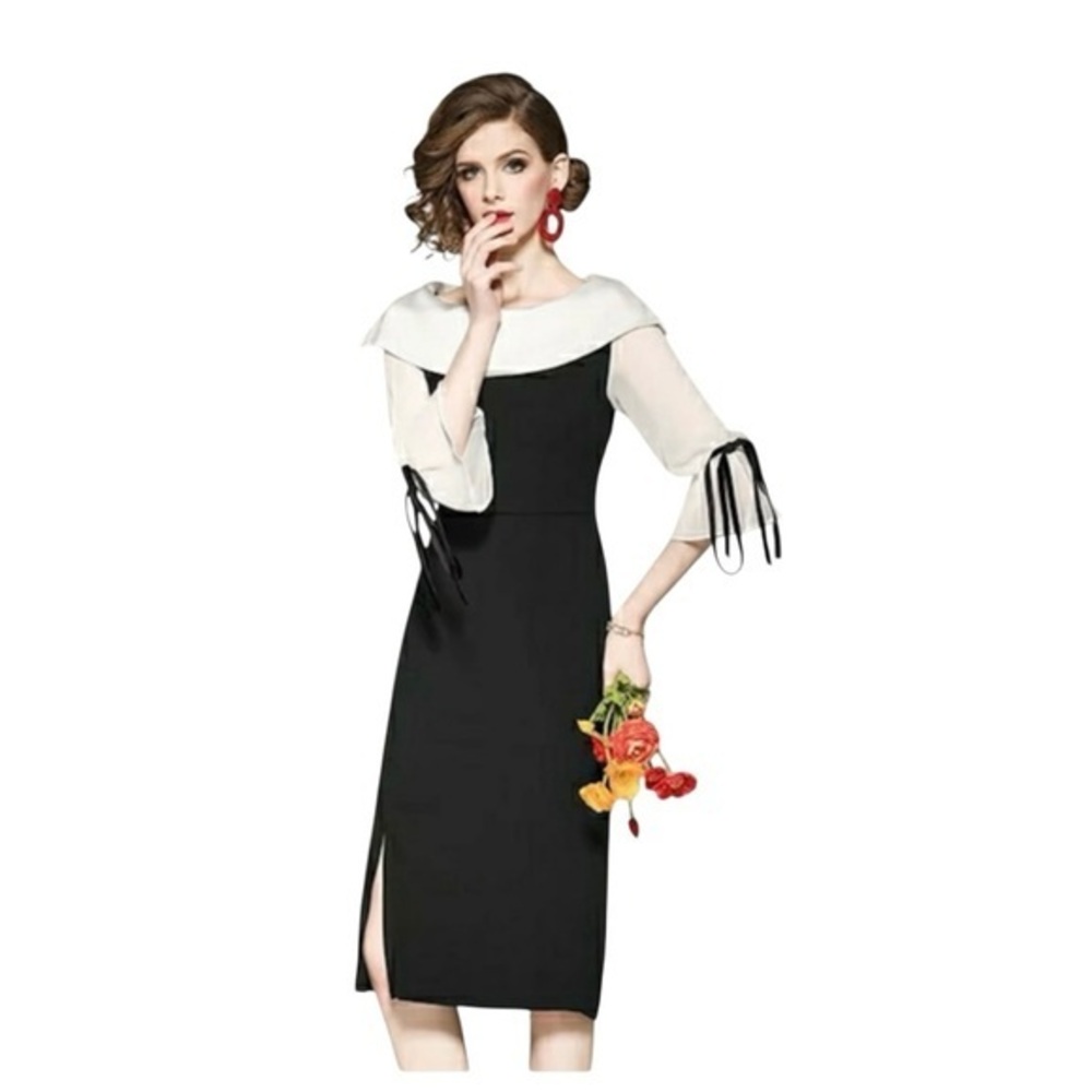 MISSLOOK Elegant Black and White Long Sleeve Dress